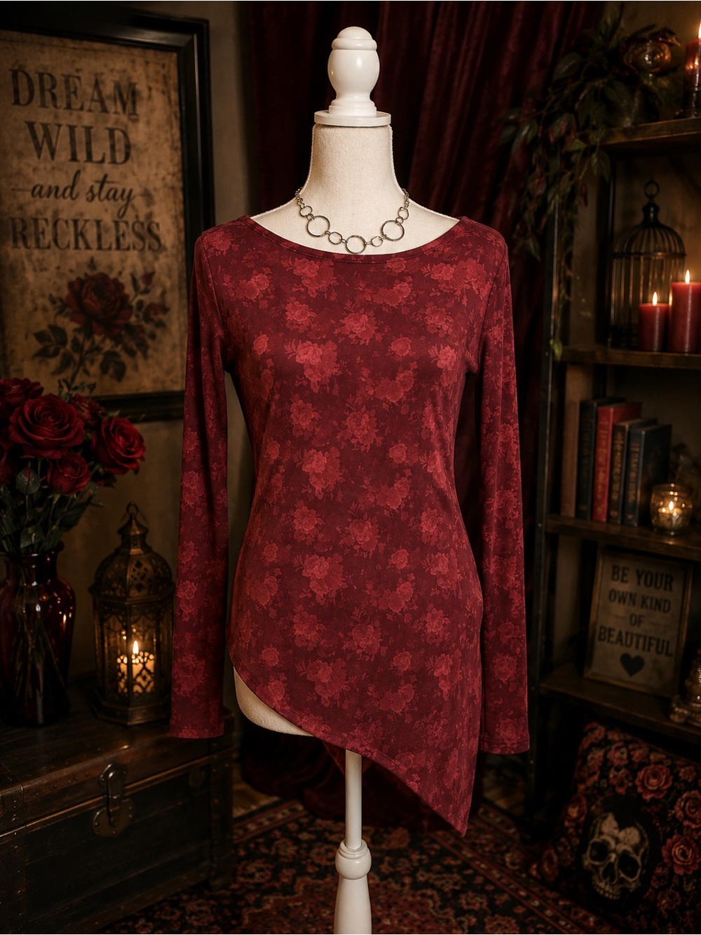 Rebellious Dreamer Burgundy Floral Asymmetrical Long Sleeve Top – Size M